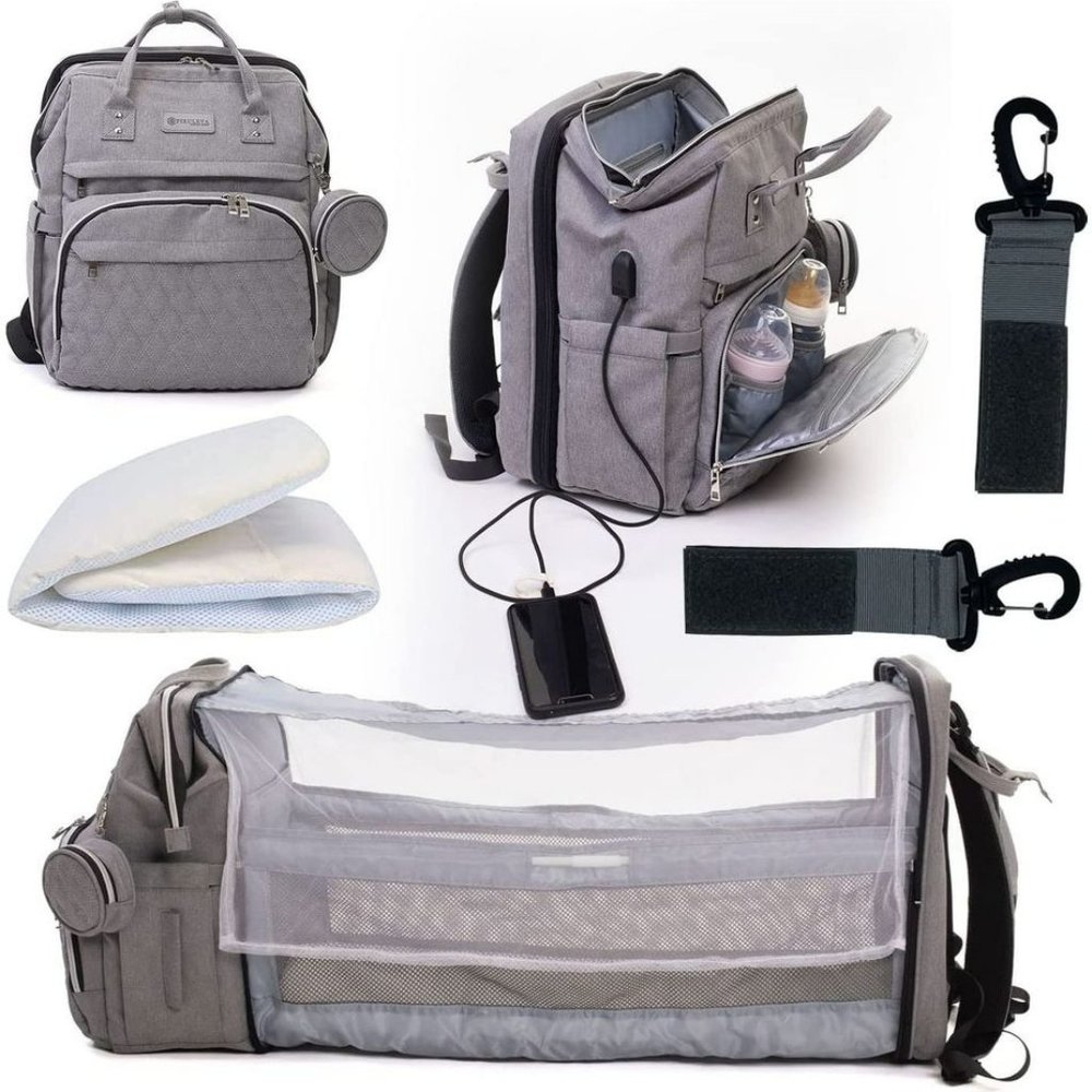 SIMPLY SOULY 3 in 1 Diaper Bag - Changing Station - Foldable Crib - USB Charging